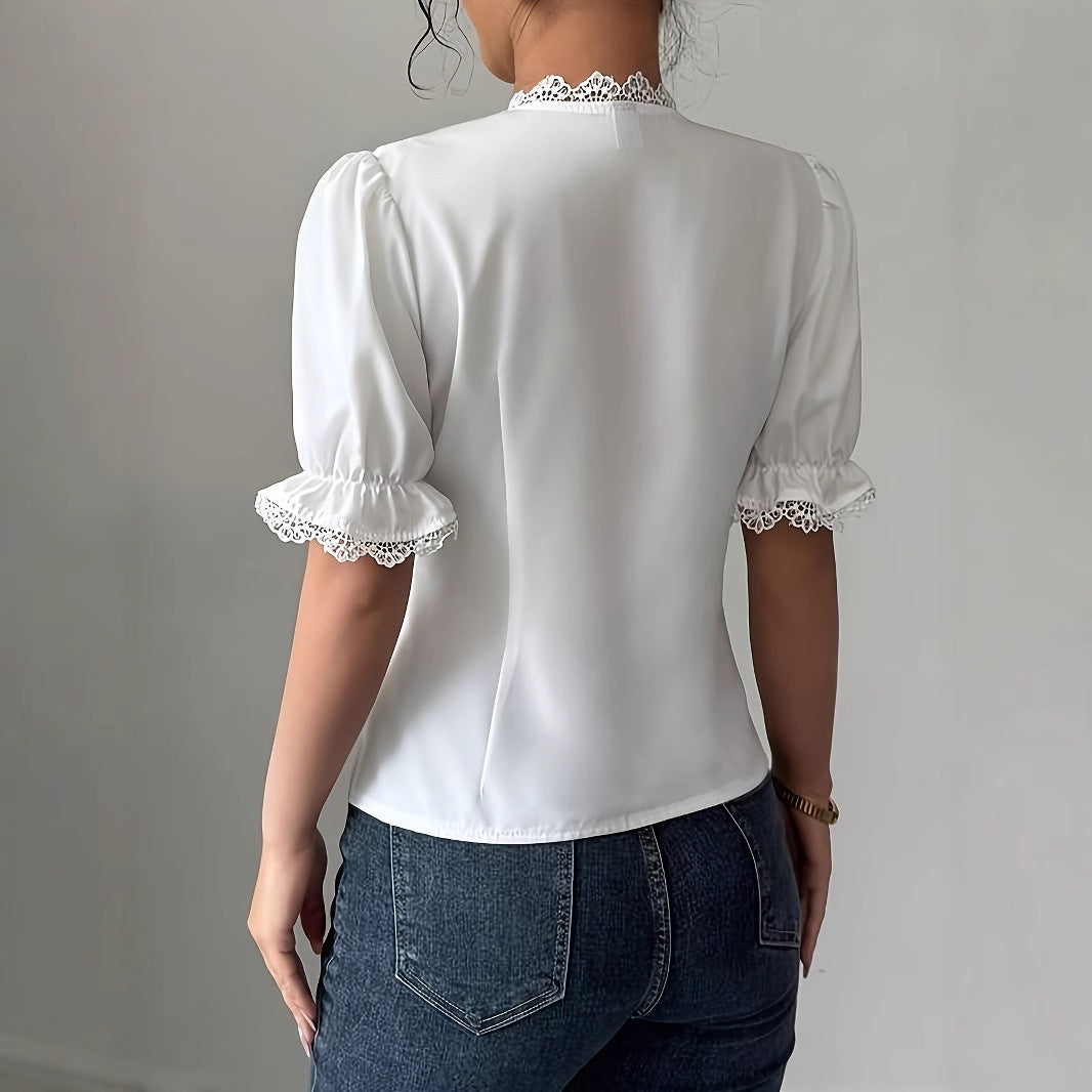 Short Sleeved Lace Up Pleated Blouse