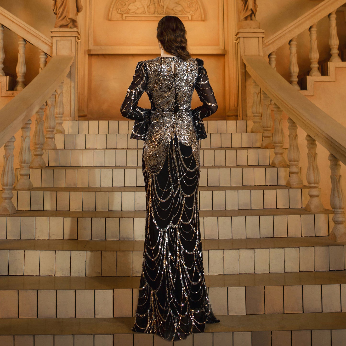 Black Sequined Diamond Evening Dress