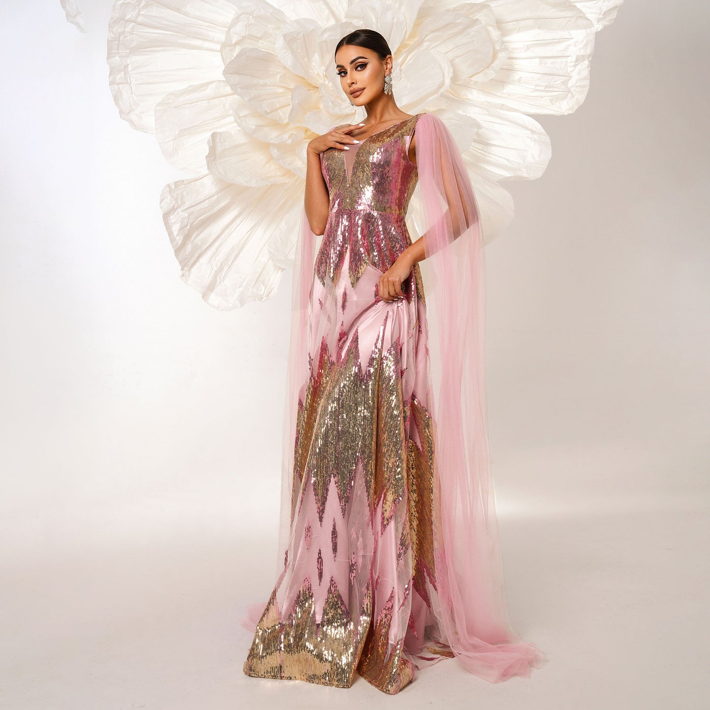 Long Sleeve Sequins Swing Evening Dress