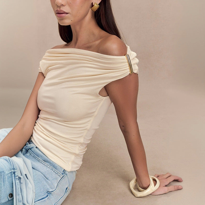 Pleated Off-shoulder Top Creme Beige