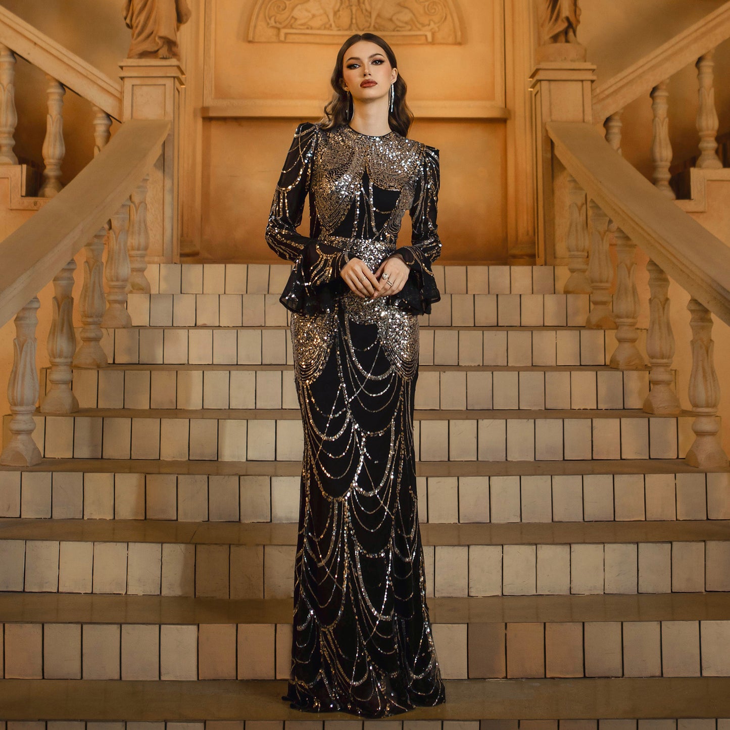 Black Sequined Diamond Evening Dress