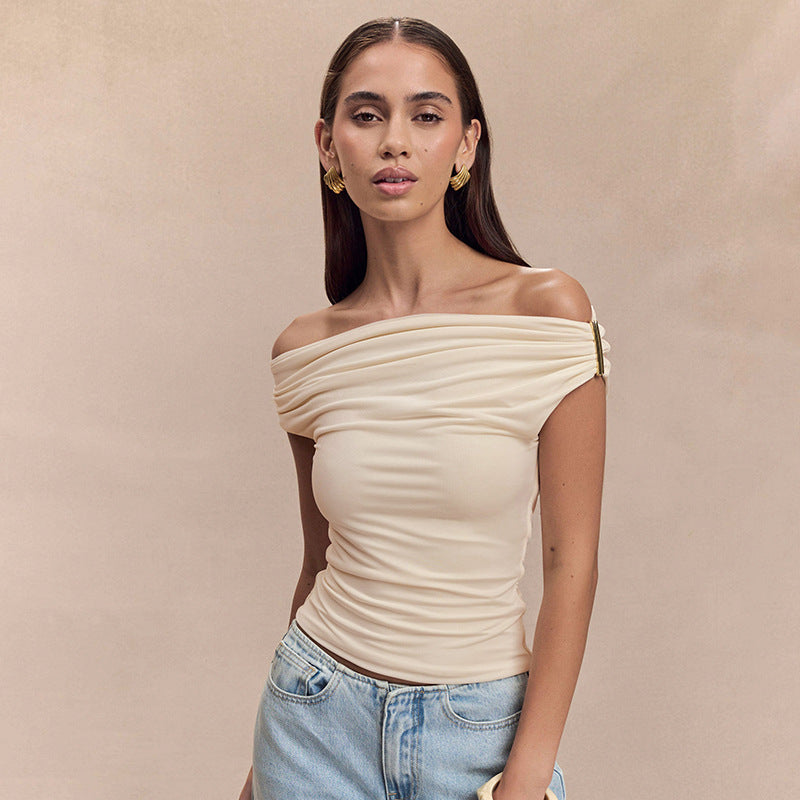 Pleated Off-shoulder Top Creme Beige