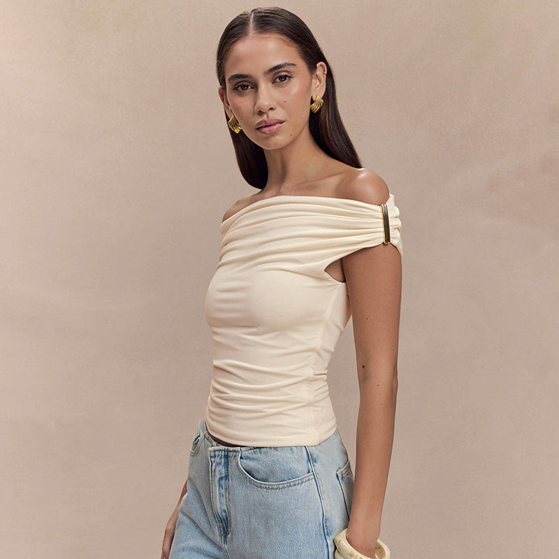 Pleated Off-shoulder Top Creme Beige