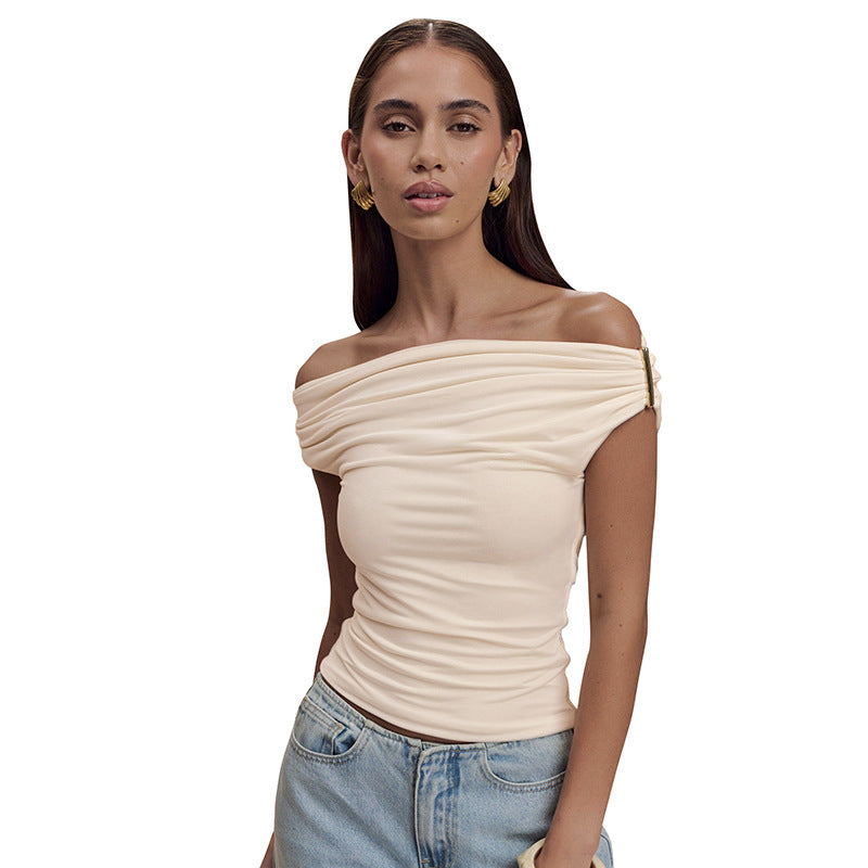 Pleated Off-shoulder Top Creme Beige