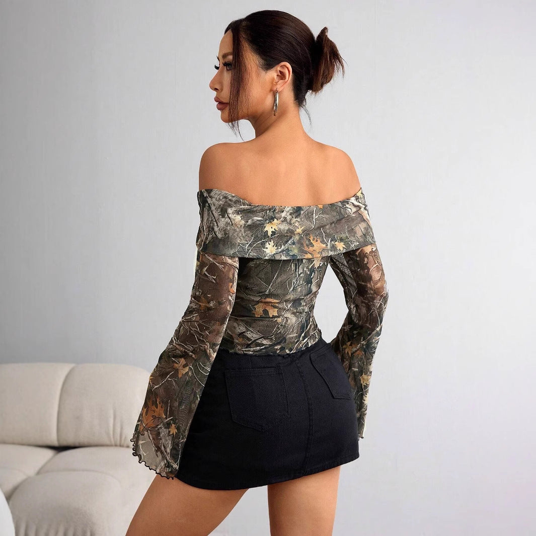 Mesh Printed Off-shoulder Long Sleeved Blouse