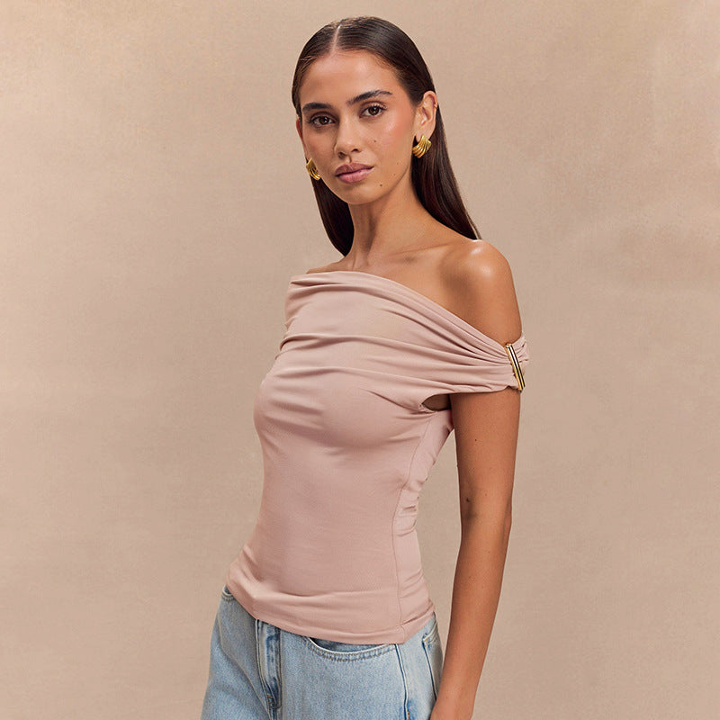 Pleated Off-shoulder Top Creme Beige
