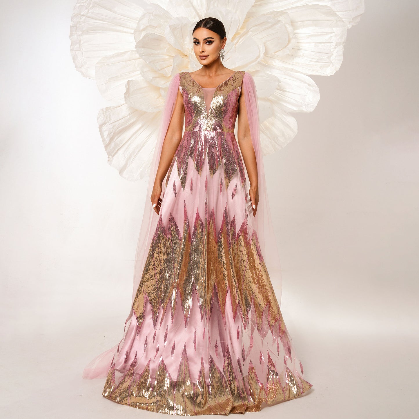 Long Sleeve Sequins Swing Evening Dress