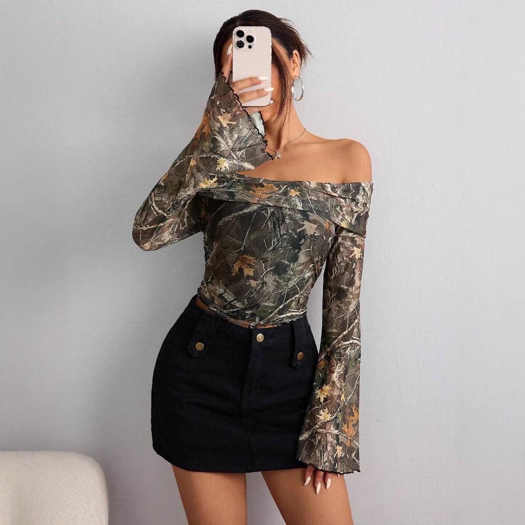 Mesh Printed Off-shoulder Long Sleeved Blouse