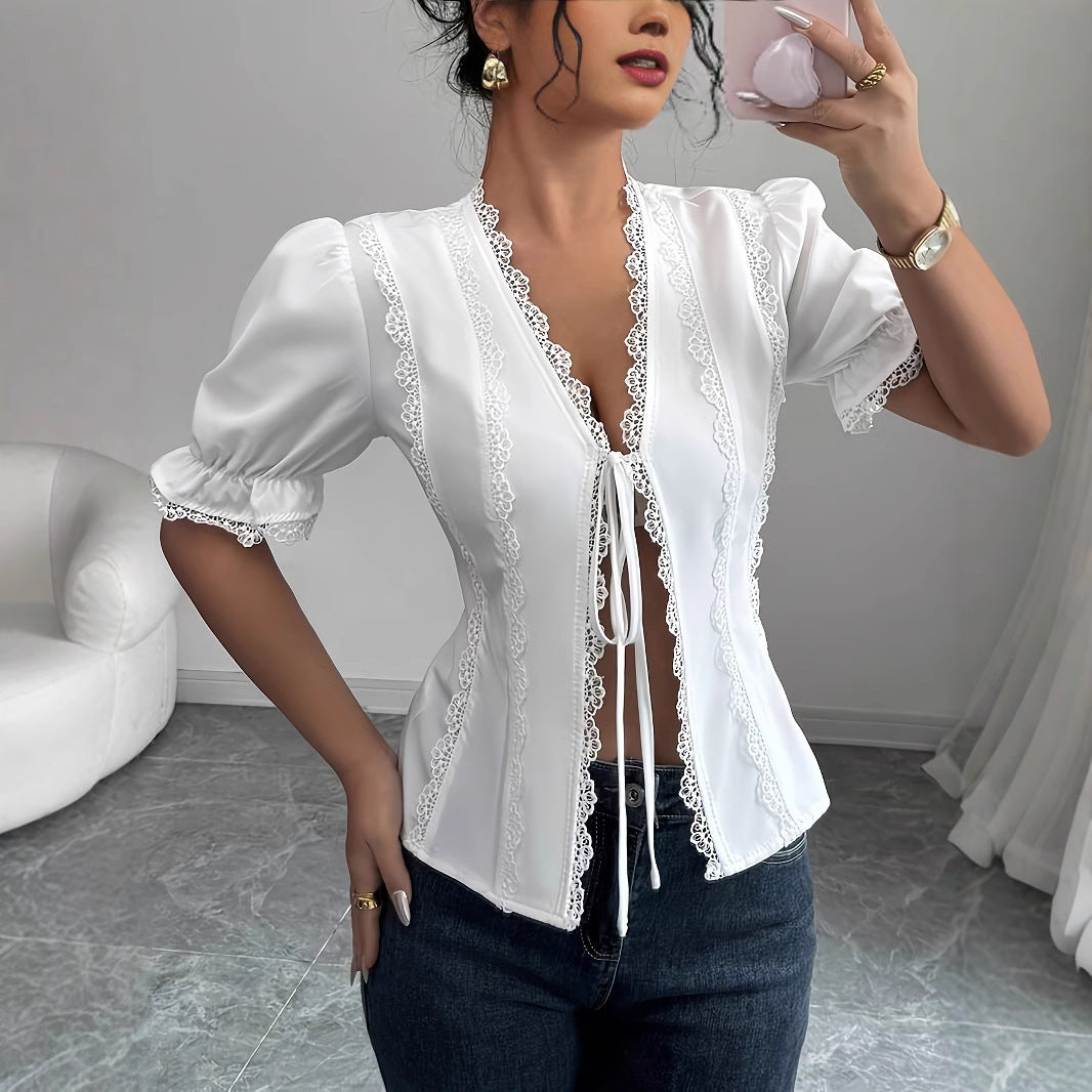 Short Sleeved Lace Up Pleated Blouse