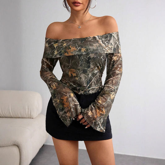 Mesh Printed Off-shoulder Long Sleeved Blouse