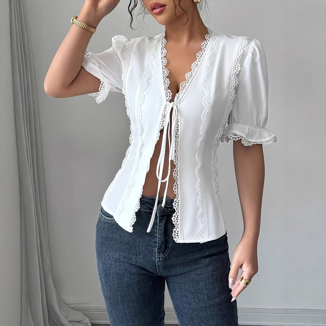 Short Sleeved Lace Up Pleated Blouse