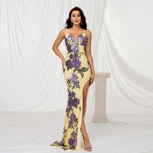 Brace Sequined Floral Evening Dress