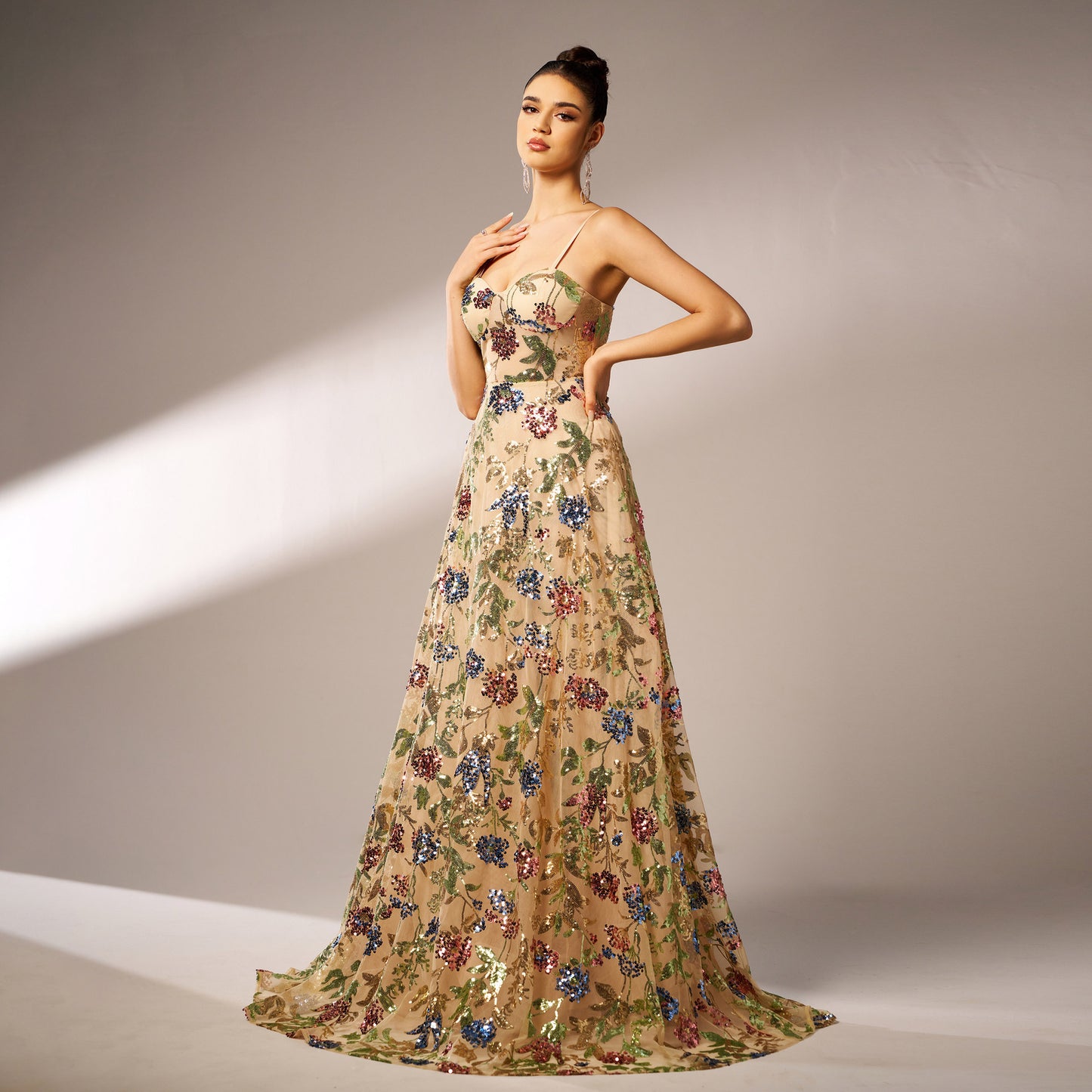 Sequined Suspender Floral Evening Dress