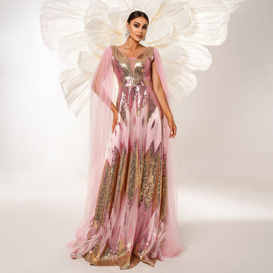 Long Sleeve Sequins Swing Evening Dress