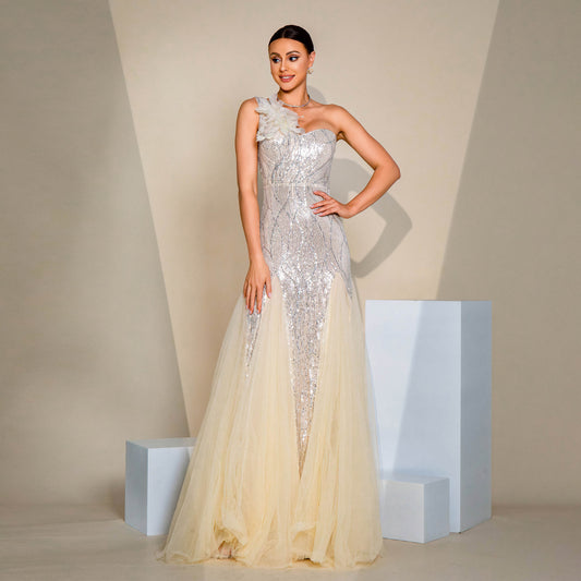 One-shoulder Sequined Diamond Dress