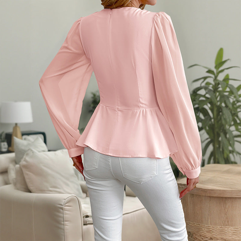 Waist-tight V-neck 3D Flower Blouse