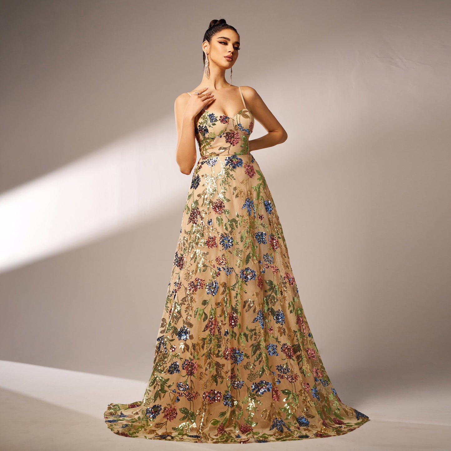 Sequined Suspender Floral Evening Dress