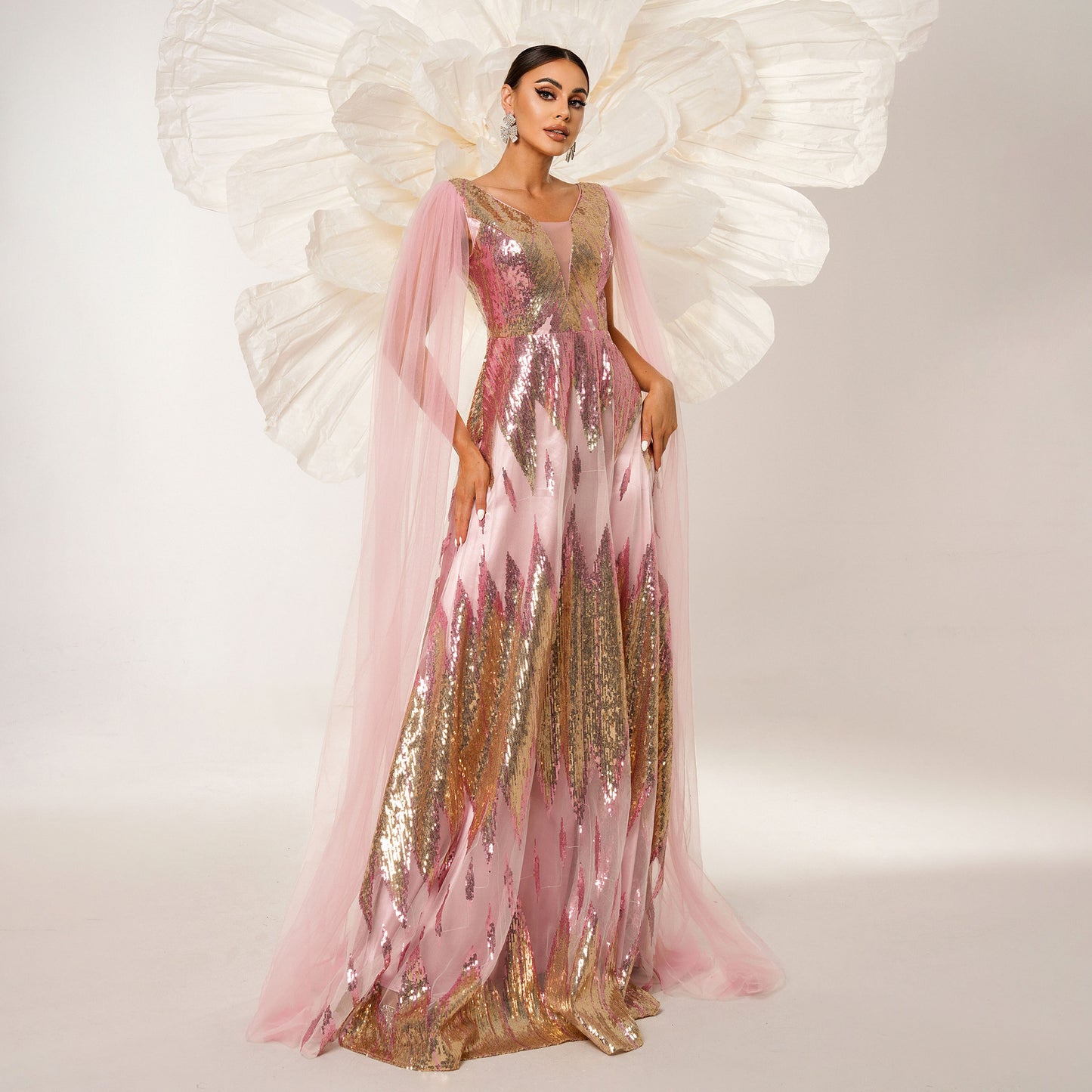 Long Sleeve Sequins Swing Evening Dress