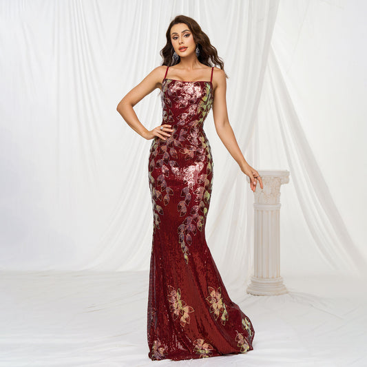 Red Sequined Banquet Fishtail Evening Dress