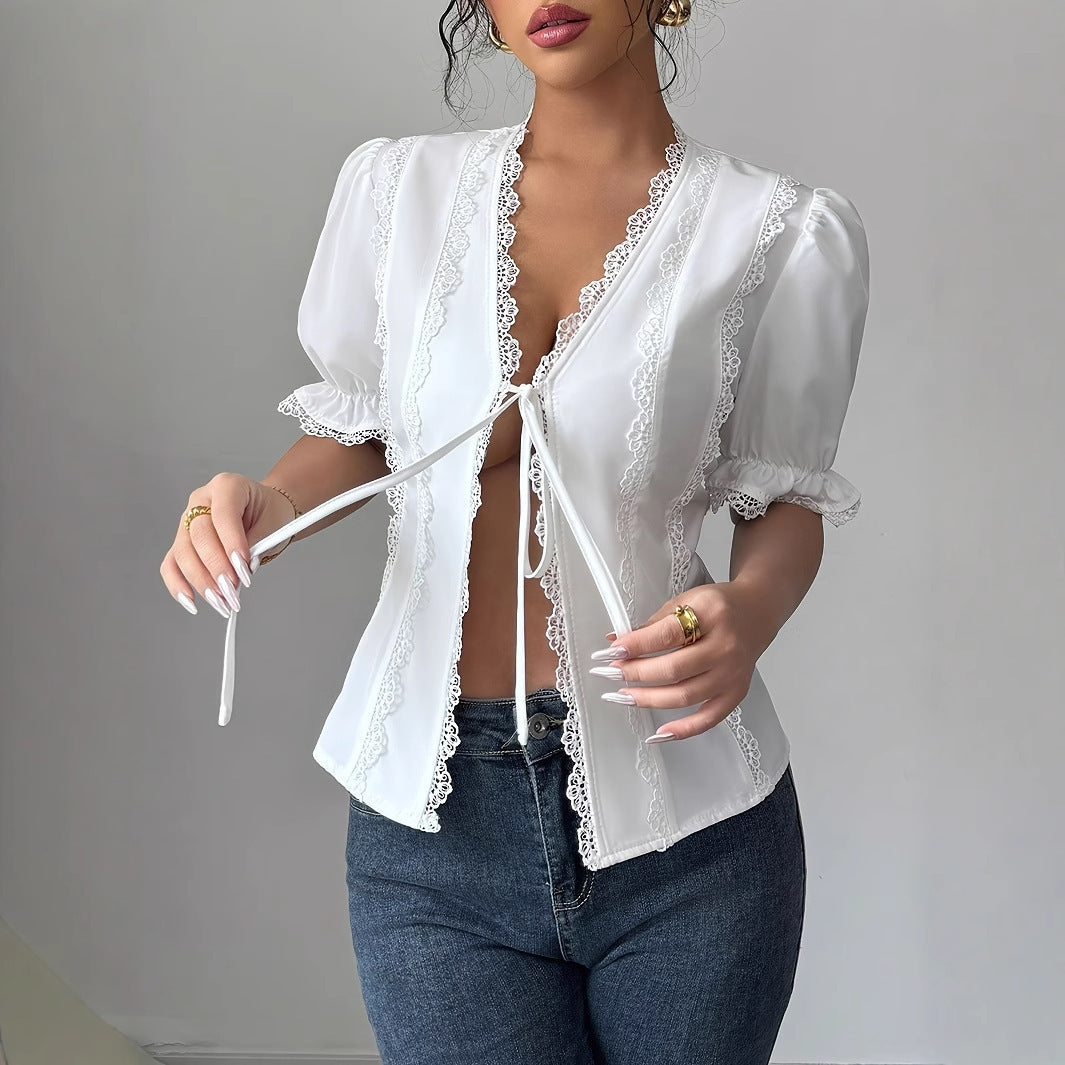 Short Sleeved Lace Up Pleated Blouse