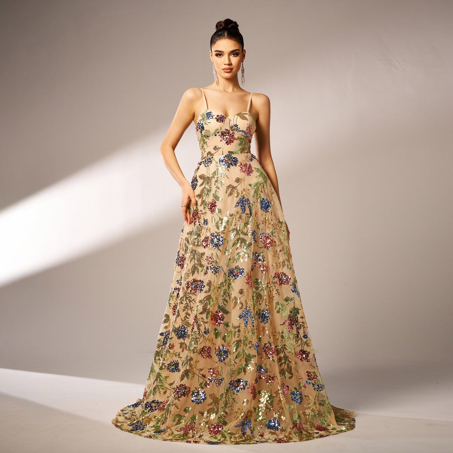 Sequined Suspender Floral Evening Dress