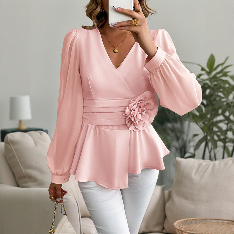 Waist-tight V-neck 3D Flower Blouse
