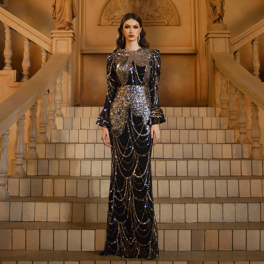 Black Sequined Diamond Evening Dress