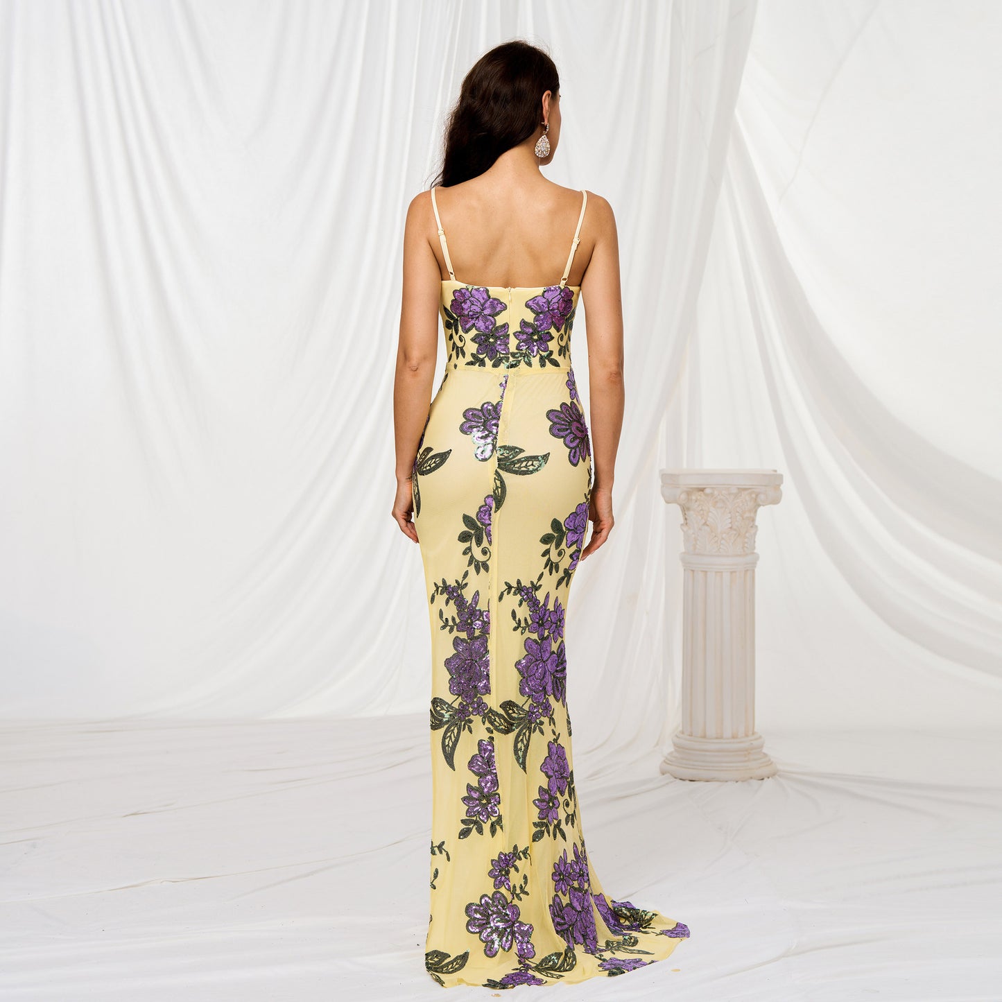 Brace Sequined Floral Evening Dress