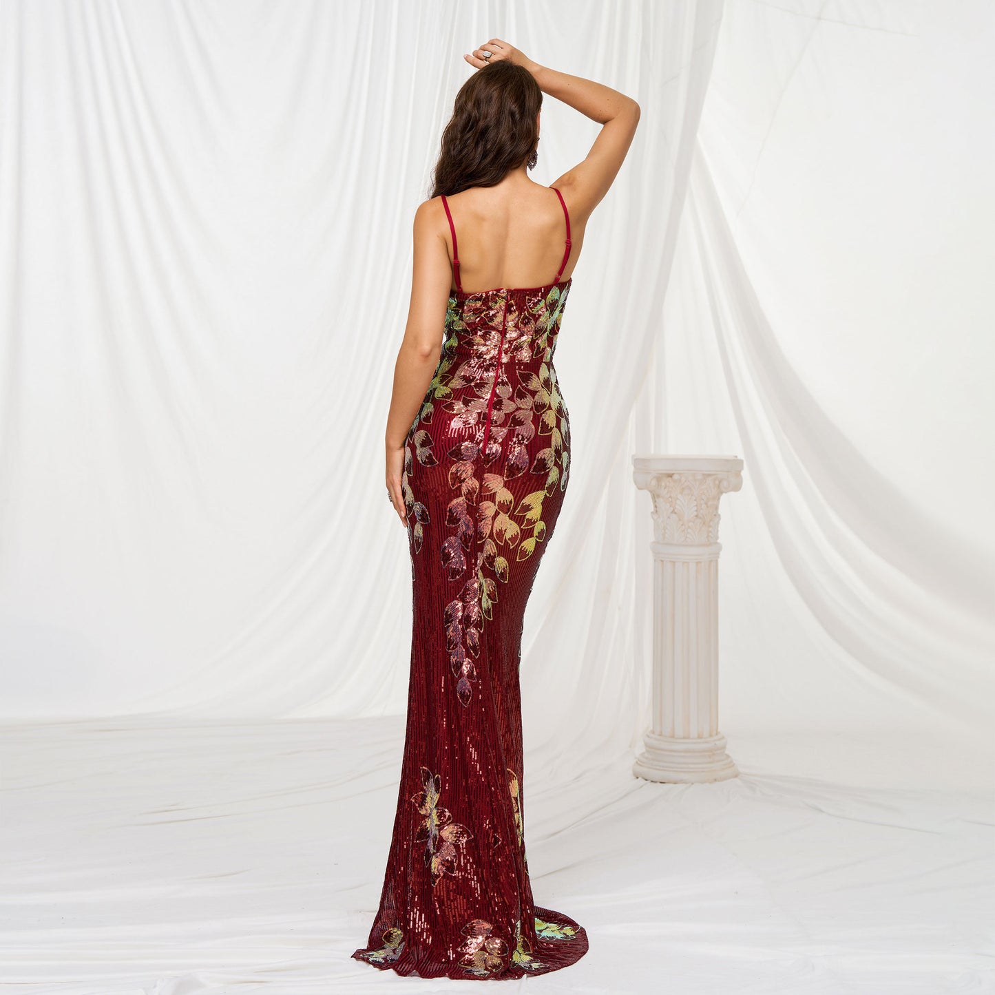 Red Sequined Banquet Fishtail Evening Dress