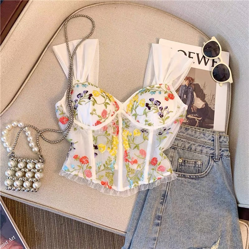 Embroidered Lace Back Floral Vest