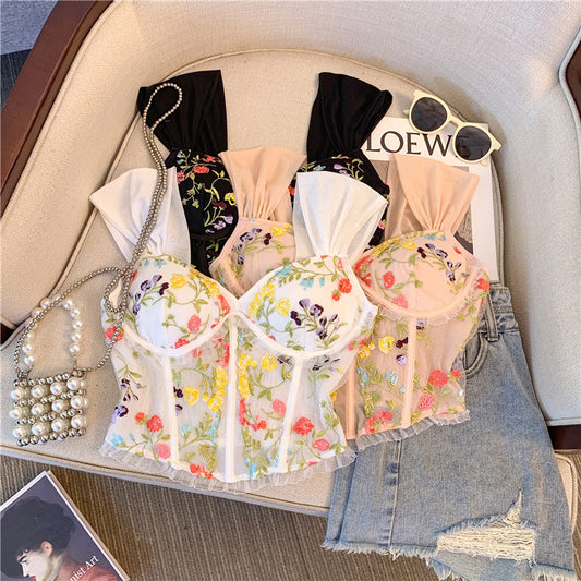 Embroidered Lace Back Floral Vest