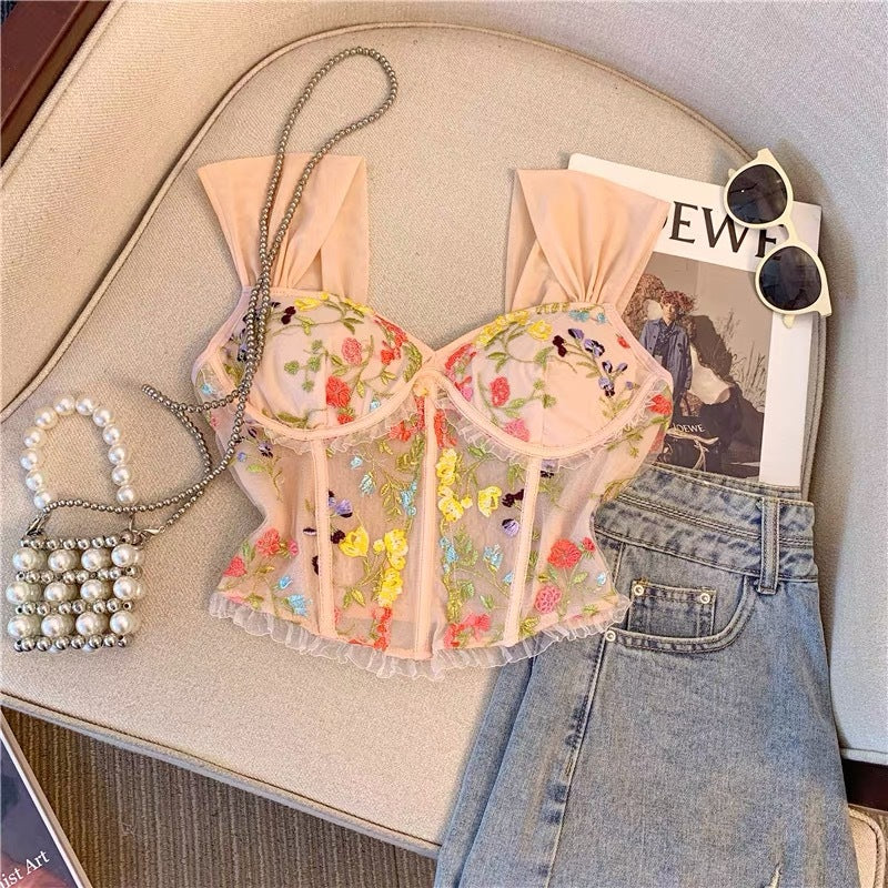 Embroidered Lace Back Floral Vest
