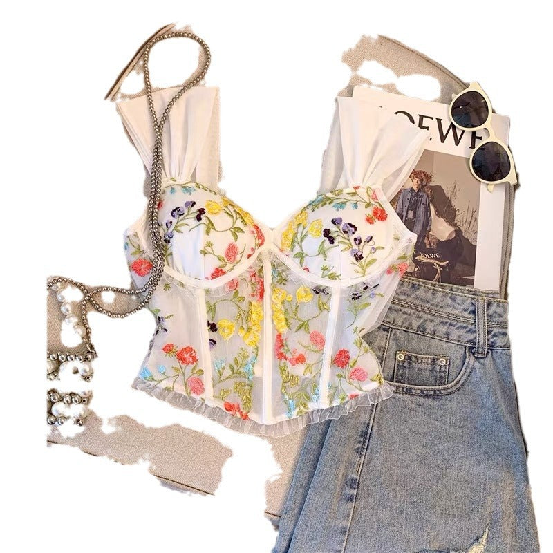 Embroidered Lace Back Floral Vest