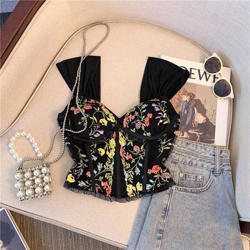 Embroidered Lace Back Floral Vest