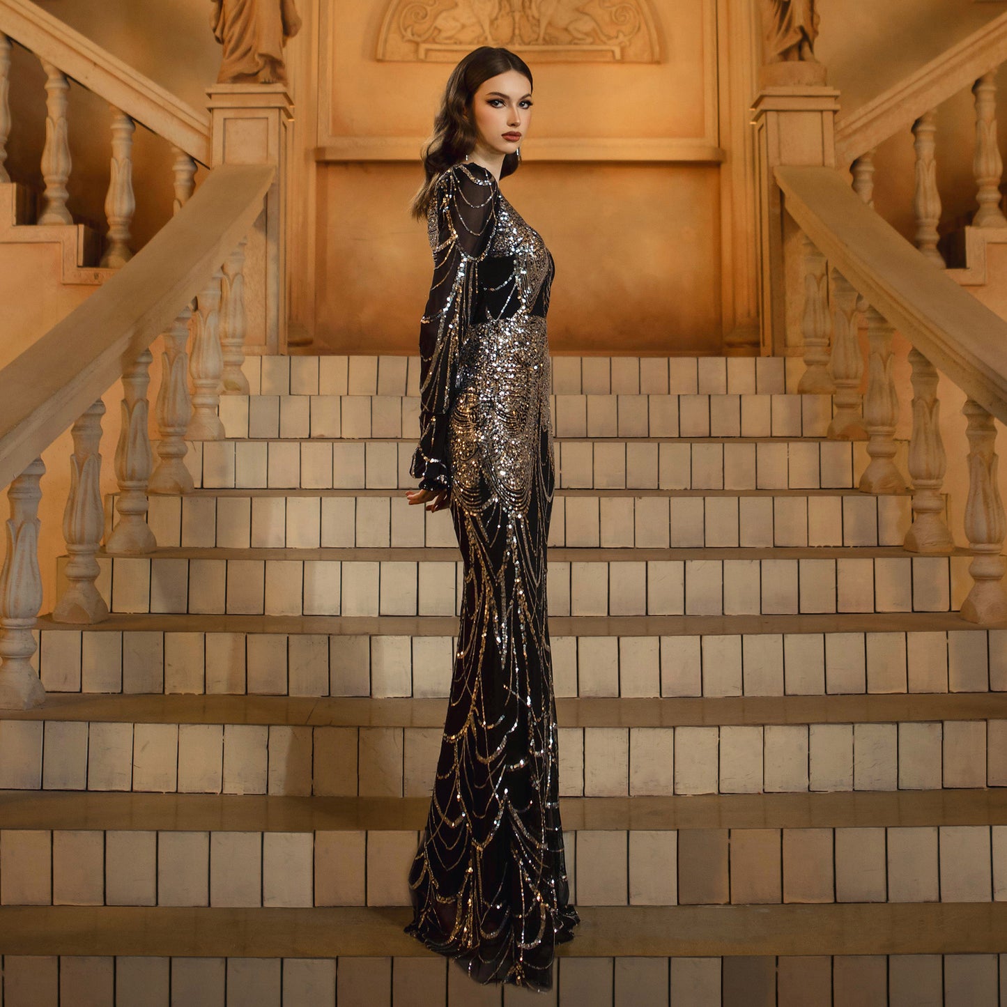 Black Sequined Diamond Evening Dress