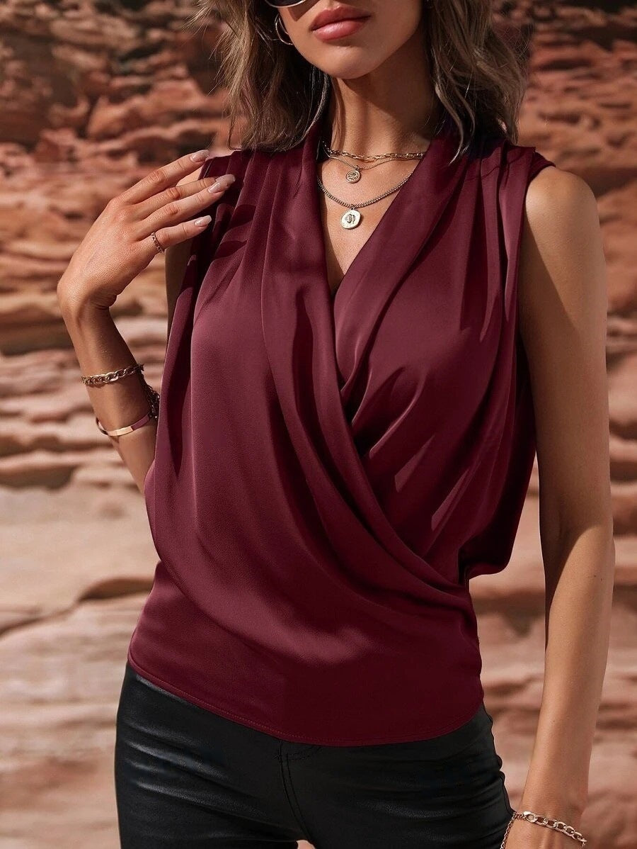 Sleeveless Satin Pleated Blouse