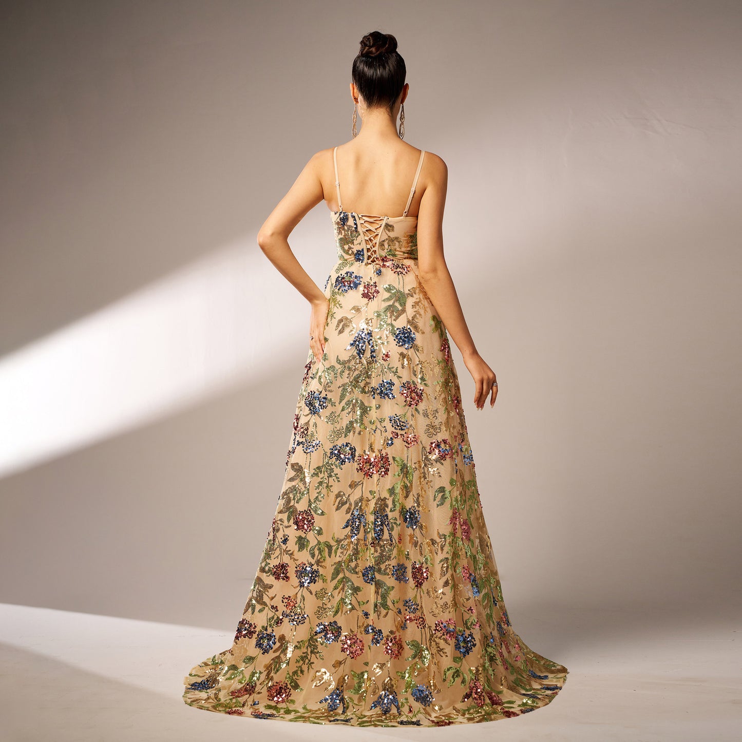 Sequined Suspender Floral Evening Dress