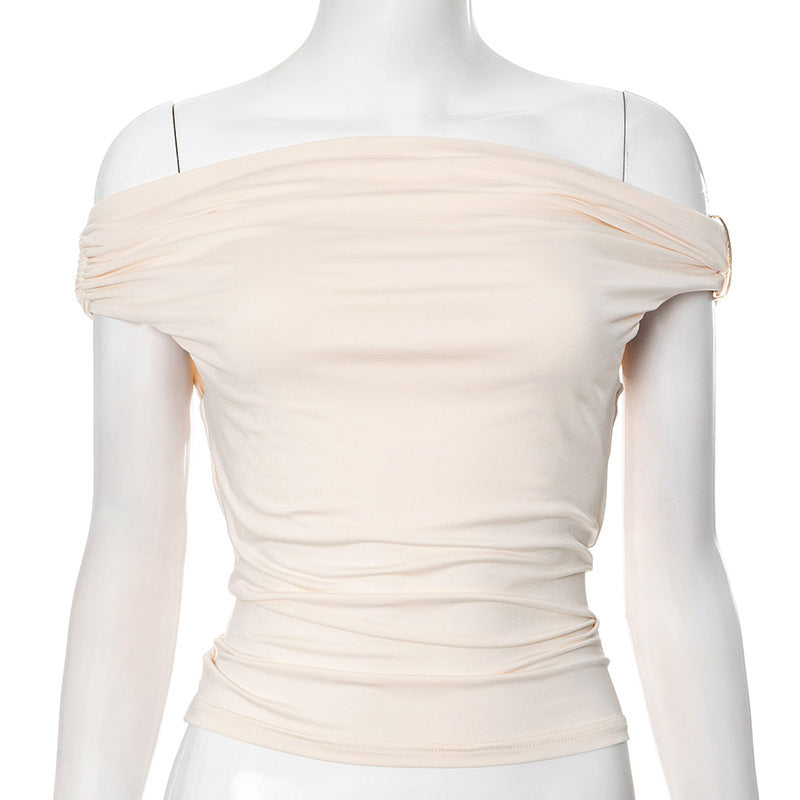 Pleated Off-shoulder Top Creme Beige