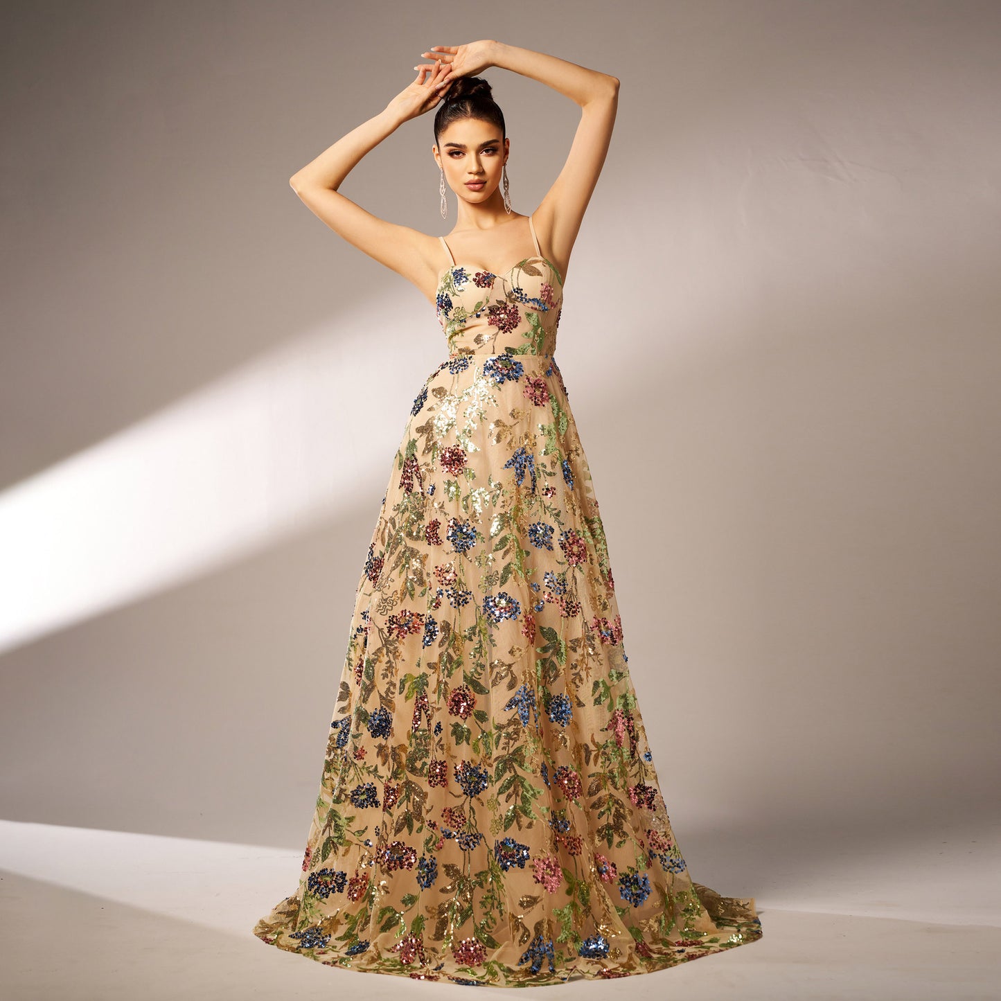 Sequined Suspender Floral Evening Dress