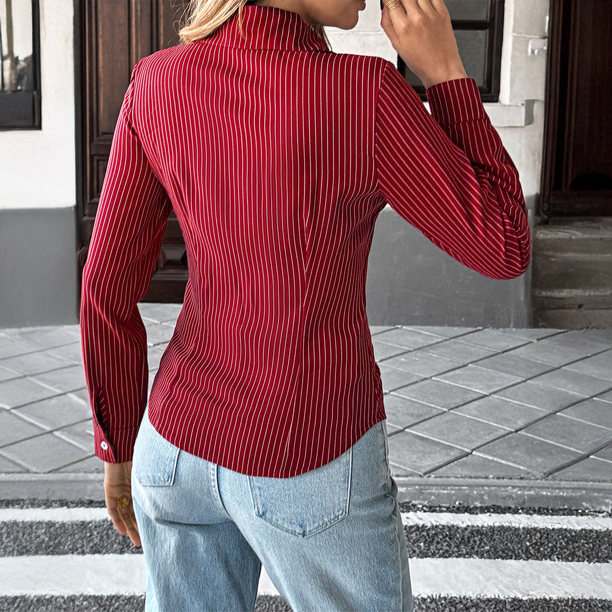 Polo Collar Striped Blouse